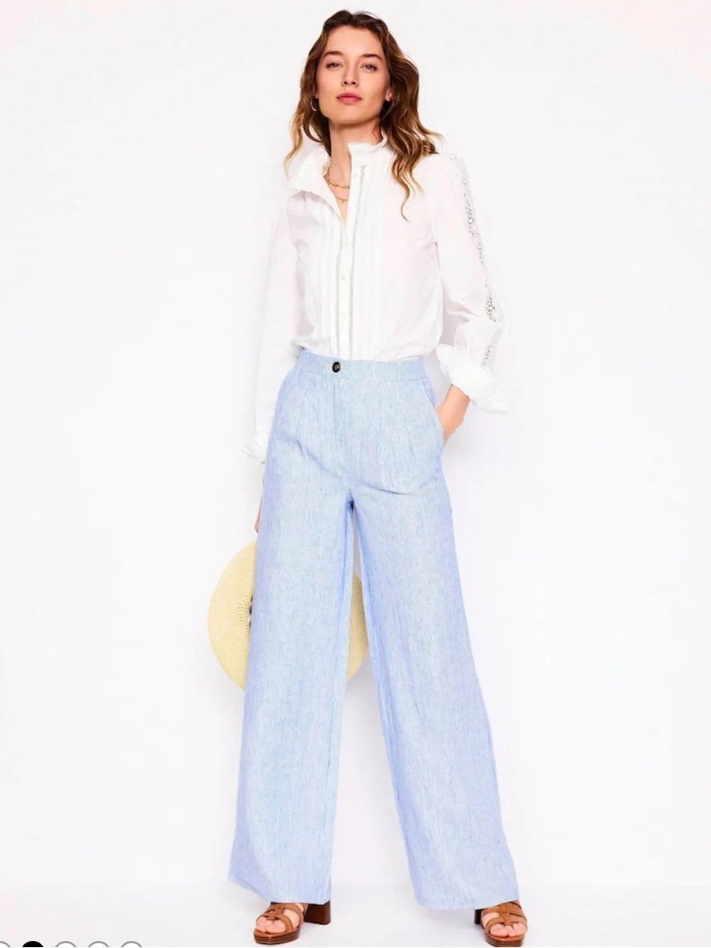 Boden Women’s Dulwich Linen Wide Leg Trousers Pants Blue Fine Stripe Size 14L
